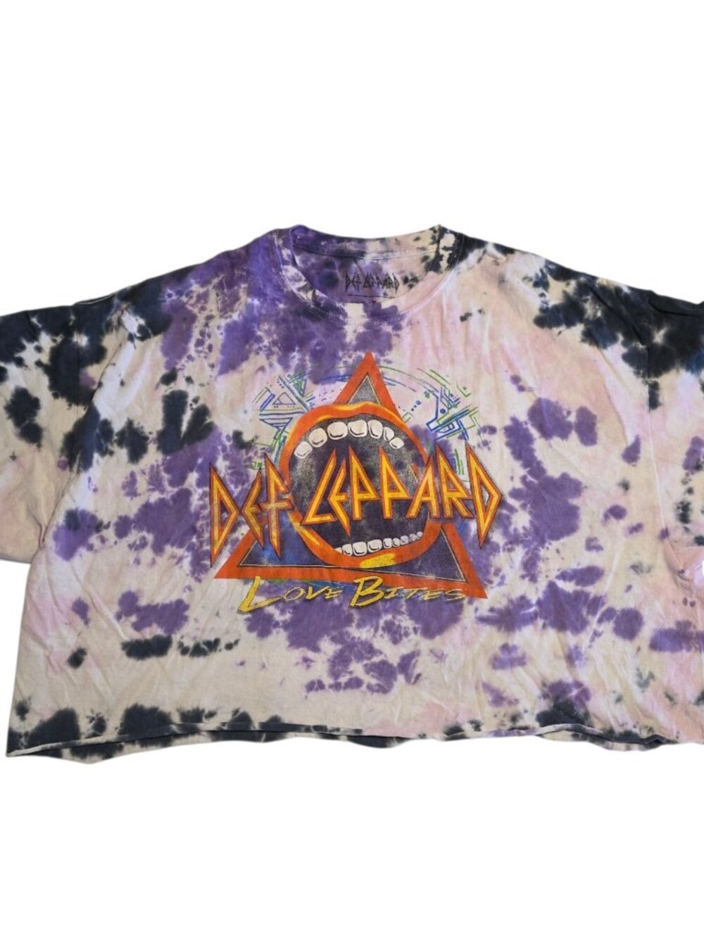 Def Leppard Crop Top Tie Dyed T-Shirt Love Bites Purple White Black Womens XL‎